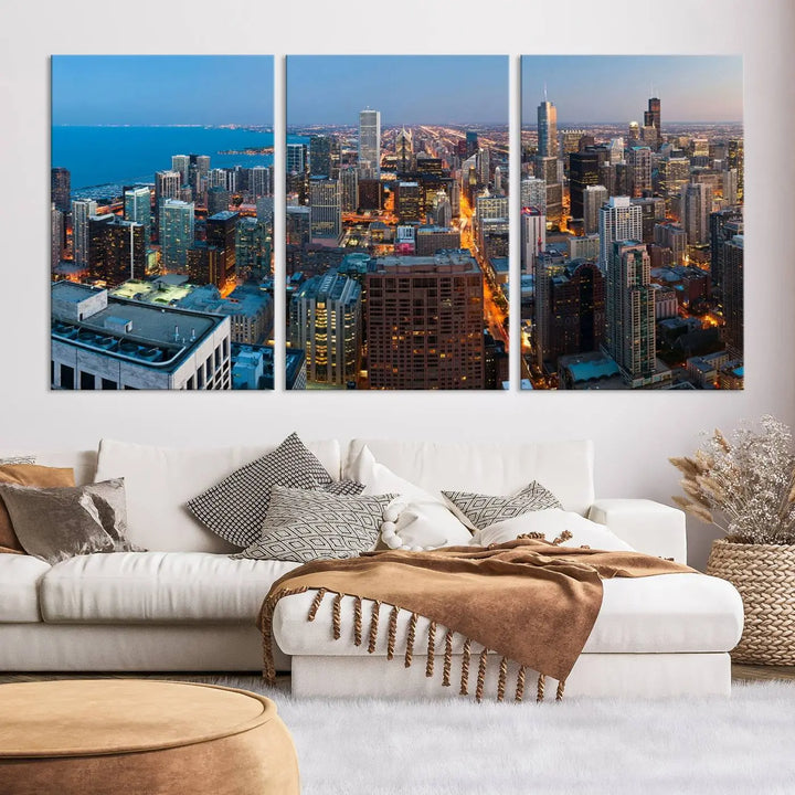 Product Name: Chicago Night Skyline Wall Art City Cityscape

Artwork Description: This artwork is a triptych depicting the Chicago city skyline at night. Created on museum-quality canvas with a UV-protective coating, it comes ready to hang and seamlessly enhances any space.