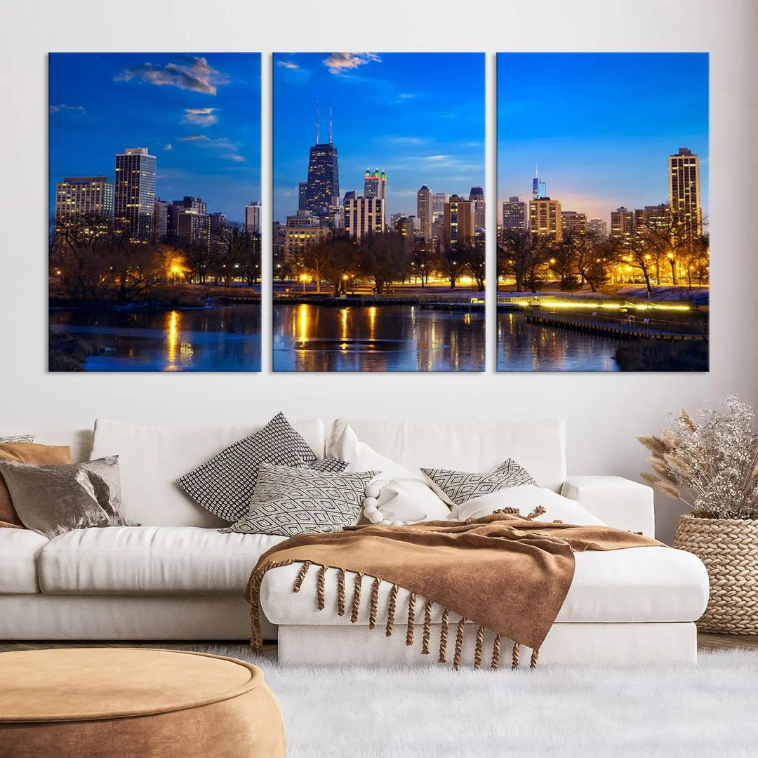 A triptych photo titled "Chicago City Lights Night Blue Skyline Cityscape View Wall Art Canvas Print" is elegantly displayed on gallery-wrapped, museum-quality canvases.