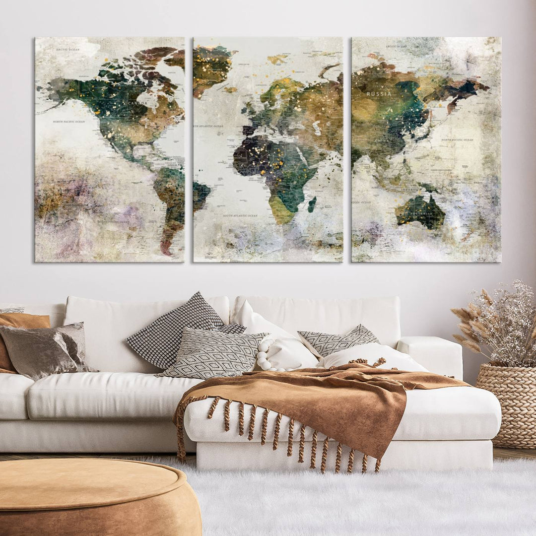 Carte du monde, impression d'art mural, carte sur toile, ensemble mural de 3 panneaux, cadeau, carte de voyage