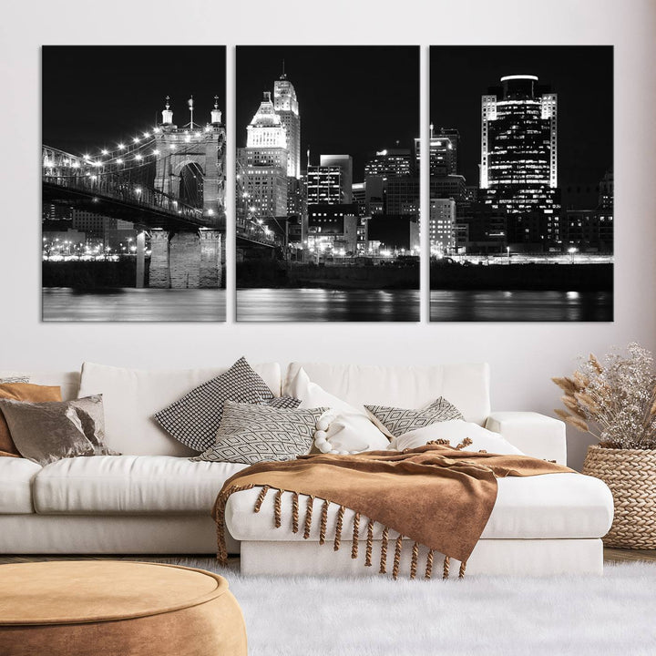 The Cincinnati City Skyline Black and White Wall Art Cityscape Canvas Print is prominently displayed.