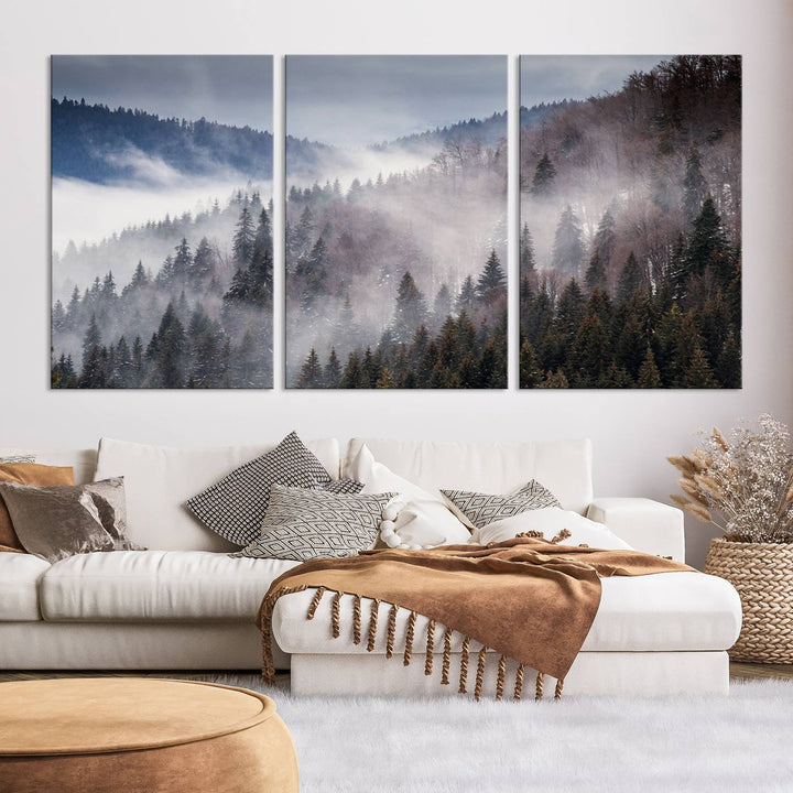 The "Beautiful Rising Fog in Winter Mountain Landscape" wall art is presented on museum-quality canvas, adding a striking visual element to the living room.