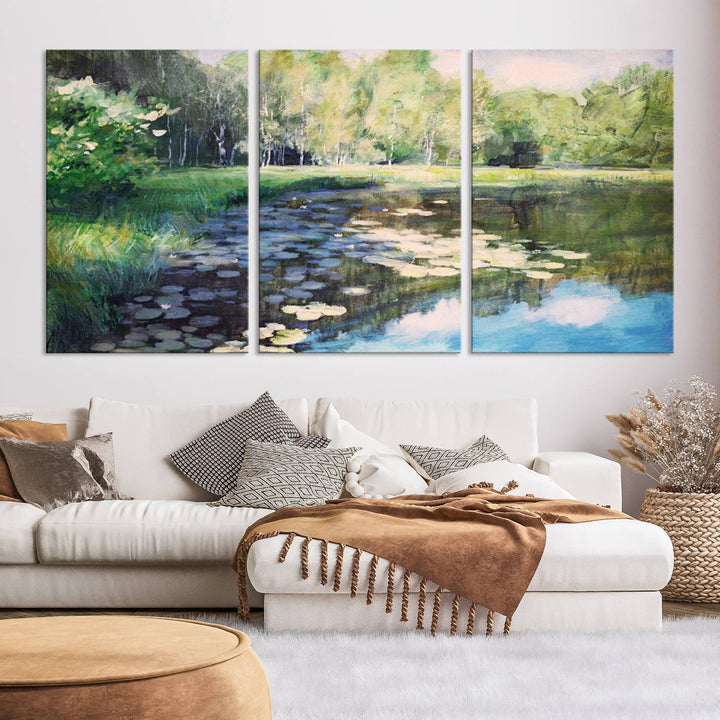 The "Forest Pond River Lake Wall Art Canvas Print" showcases a serene lakeside landscape with trees and water lilies. Crafted on museum-quality canvases and enhanced with UV-protective coating, this piece serves as an elegant addition to any space.