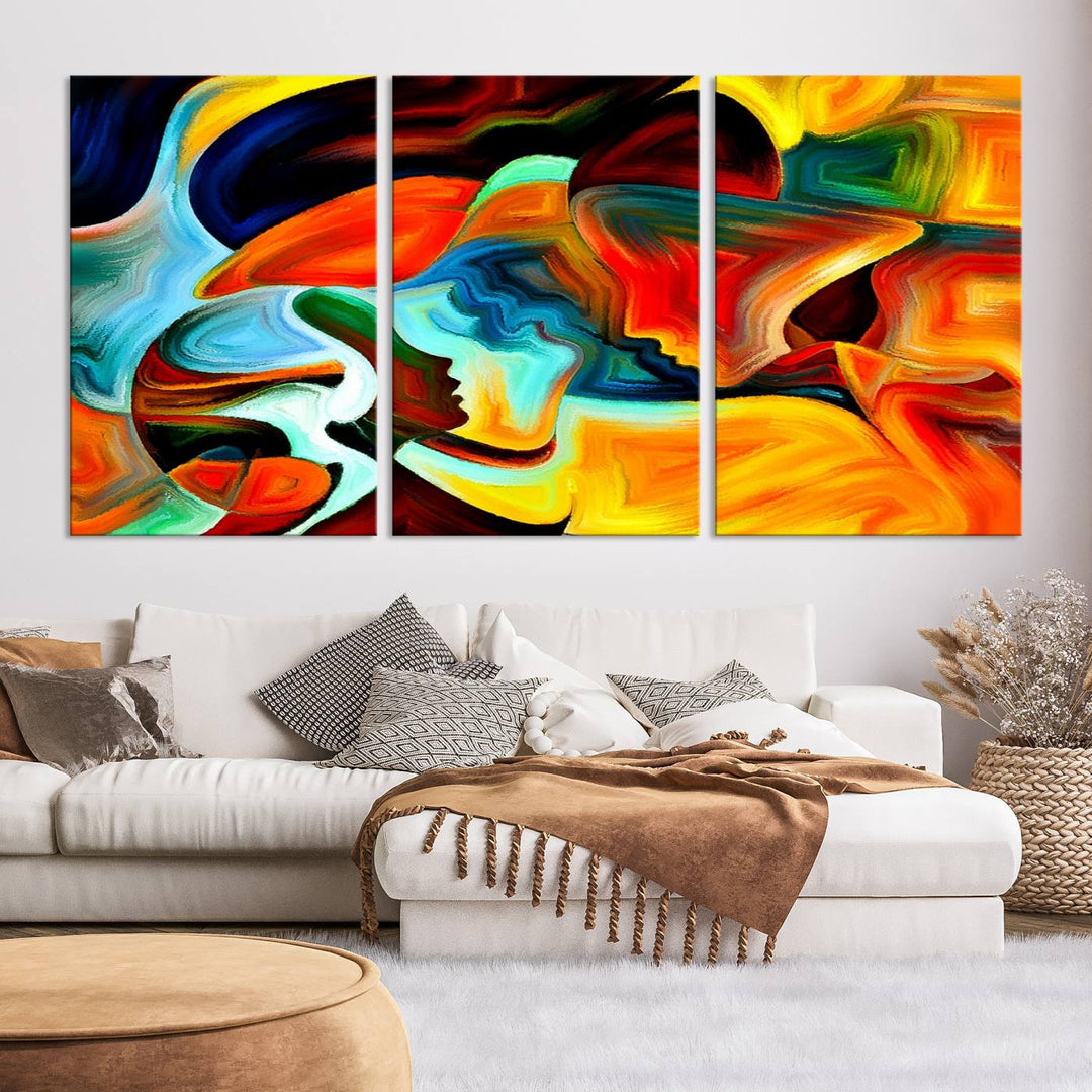 The "Human Love Figures Abstract Wall Art Canvas Print" adds a stylish touch to the dining area, featuring vibrant three-panel artwork on museum-quality canvases with UV-protective coating.