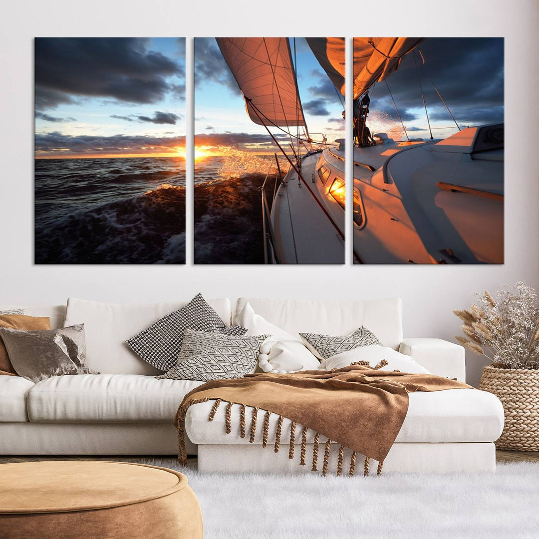 The modern living room is adorned with the Ocean Sunset Sailboat Wall Art, a triptych crafted on museum-quality canvas featuring UV-protective coating for lasting vibrancy.