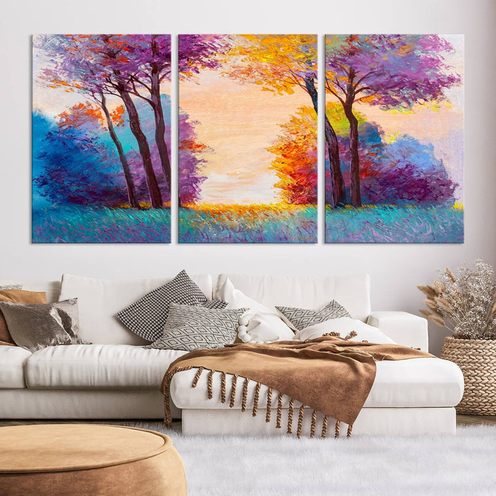 Oil Paint Effect Trees Wall Art Canvas Print features a UV-protective coating for lasting vibrancy.