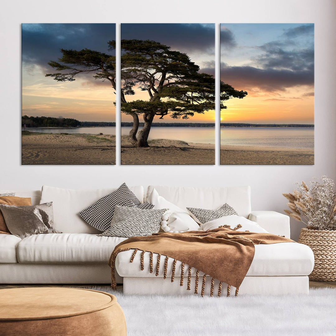 The room showcases the Coastal Sunset Wall Art Canvas Print, a triptych elegantly displayed on museum-quality polycotton canvas, depicting a serene beach sunset with a tree.