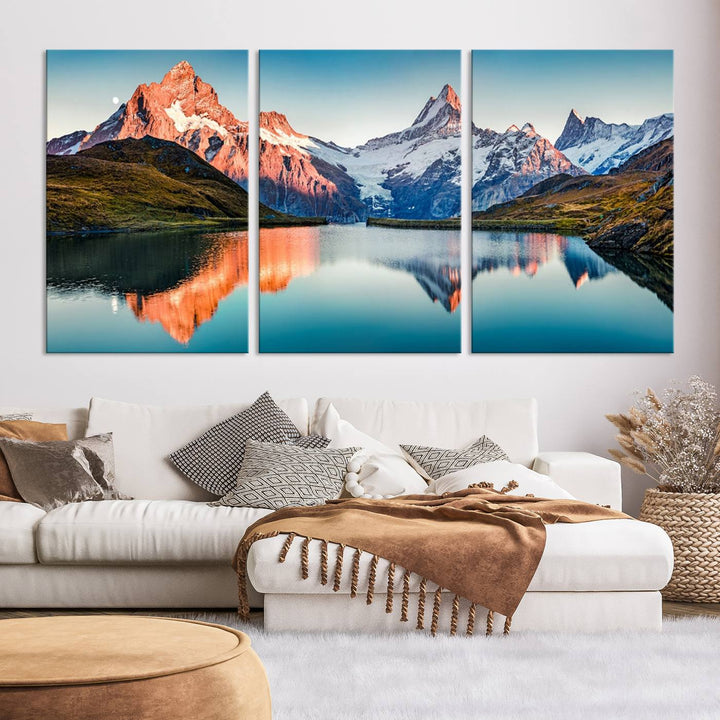 The living room features the Landscape Mountain and Lake View Wall Art Canvas Print. This triptych is expertly handmade in the USA on museum-quality canvas and includes a UV-protective coating to ensure lasting beauty.