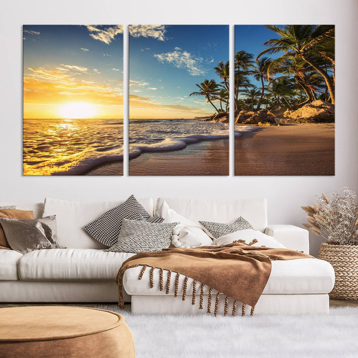 The wall features a Sunset Ocean View Beach Canvas Print, showcasing museum-quality craftsmanship by professional artisans.