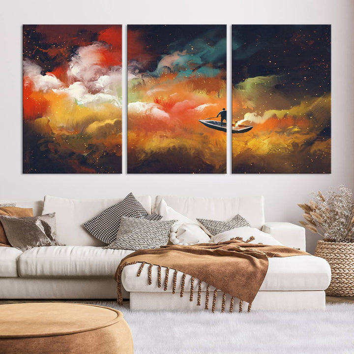 The "Surreal Space Adventure Canvas Wall Art" is a dreamlike abstract galaxy print with an astronaut among clouds, inviting you on a space adventure. This stunning piece comes framed and ready to hang, making it perfect for enhancing living room or bedroom decor.