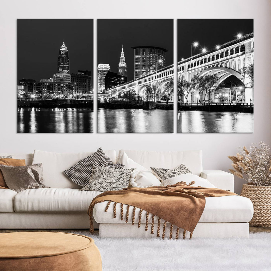 Enhance your space with the Cleveland Night Skyline Wall Art City Cityscape Canvas Print, a museum-quality black and white triptych. This ready-to-hang masterpiece is designed to elevate any room's aesthetic.