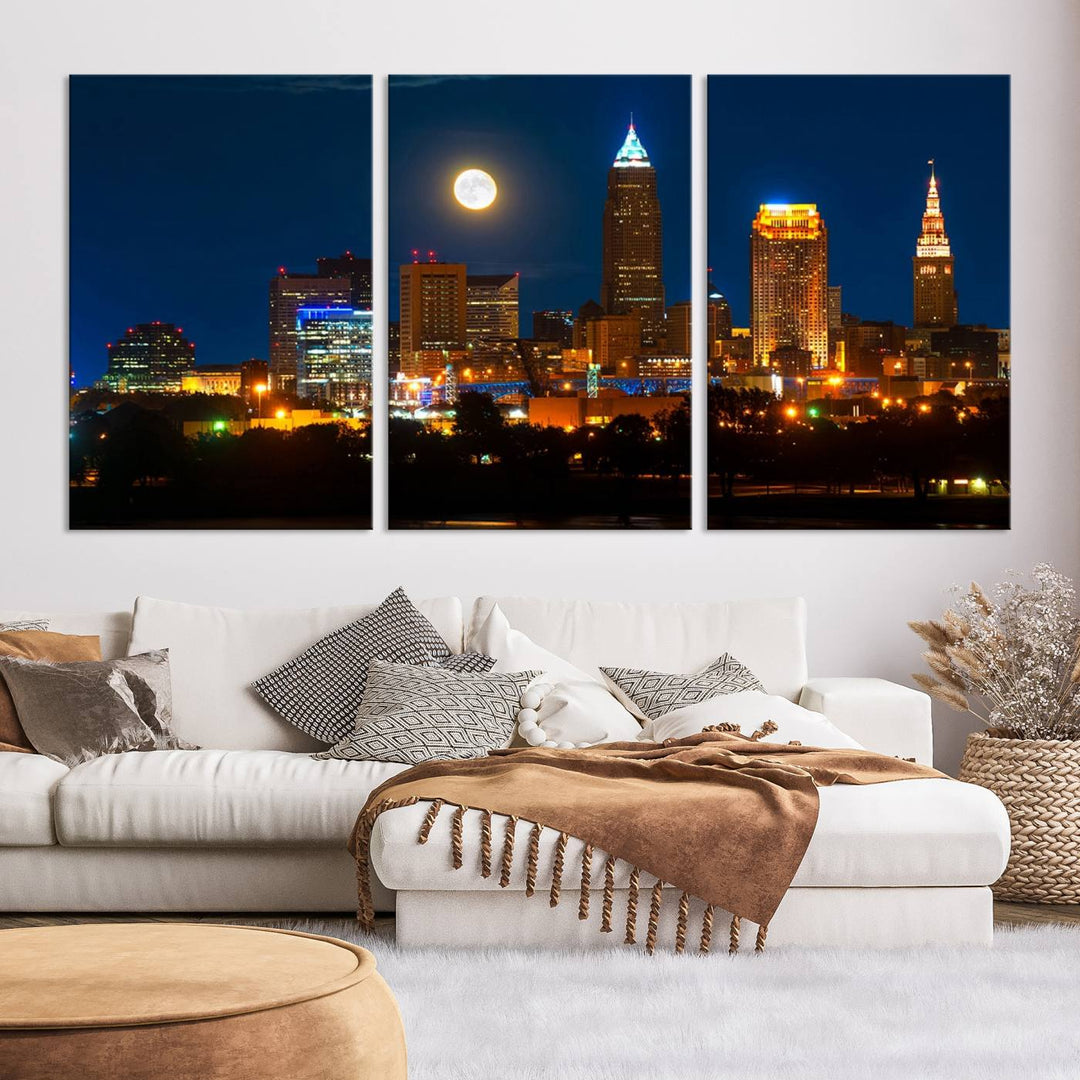 The "Cleveland Night Skyline Wall Art City Cityscape Canvas Print" adds elegance to the room with its depiction of a city skyline and full moon on museum-quality canvas. The artwork is enhanced by a UV-protective coating to ensure lasting brilliance.