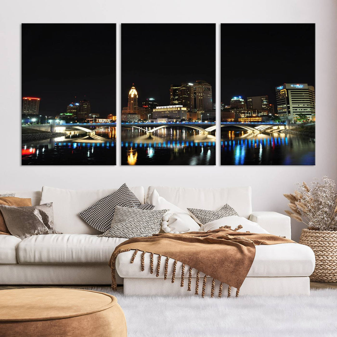 The "Columbus City Lights Night Skyline Cityscape View Wall Art Canvas Print" elegantly decorates the area, presented on museum-quality canvases that feature UV-protective coating to maintain their vibrant appearance.