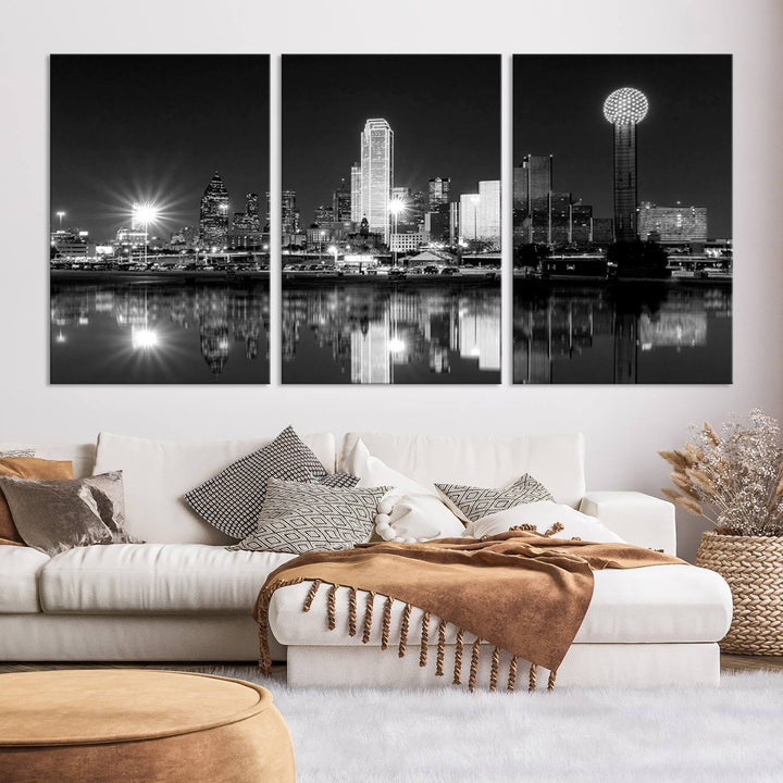 The living room showcases the Dallas City Lights Skyline Black and White Wall Art Cityscape Canvas Print. This museum-quality artwork is ready to hang and features a UV-protective coating to maintain its vibrant colors.