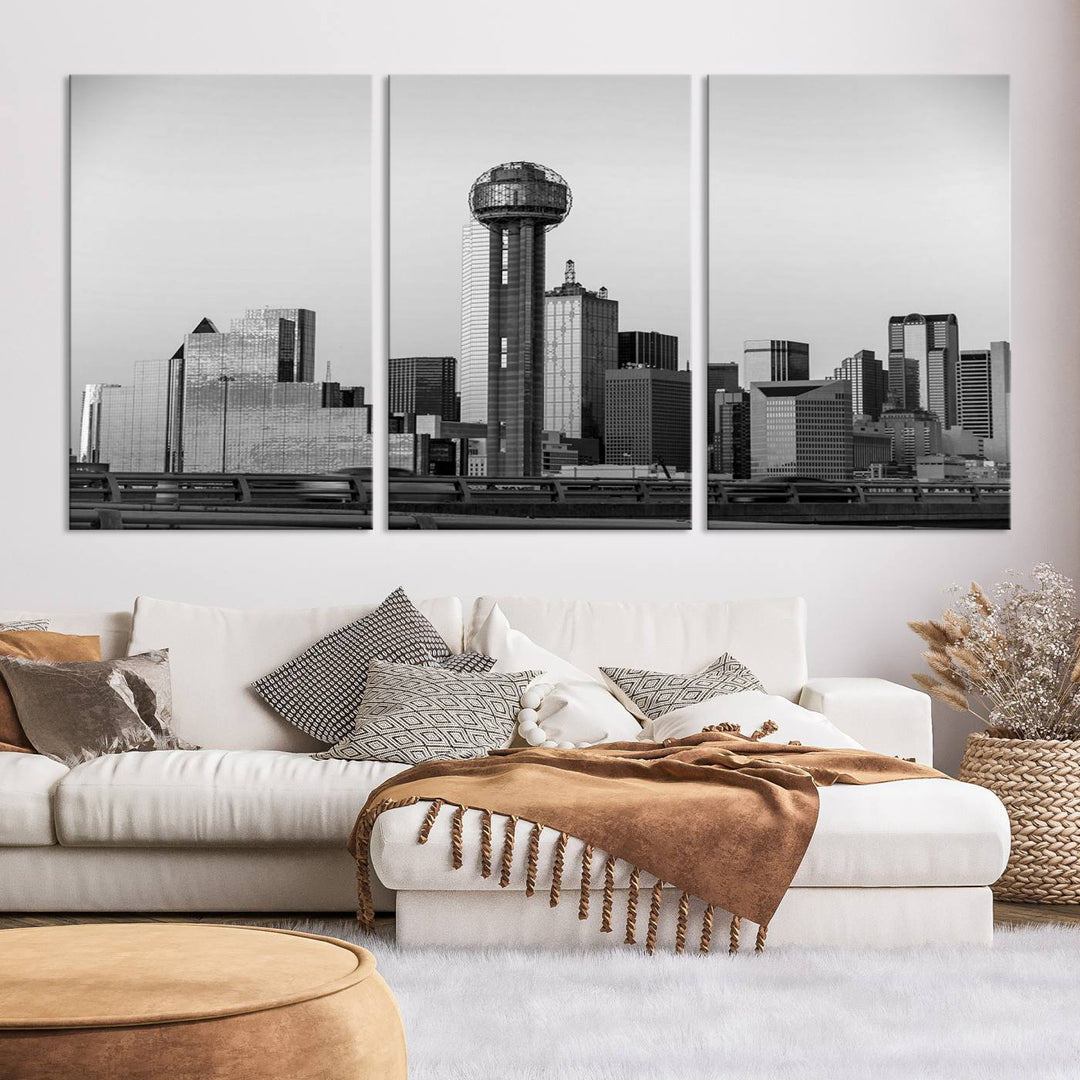 The Dallas City Lights Skyline Black and White Wall Art is elegantly displayed on museum-quality canvas.