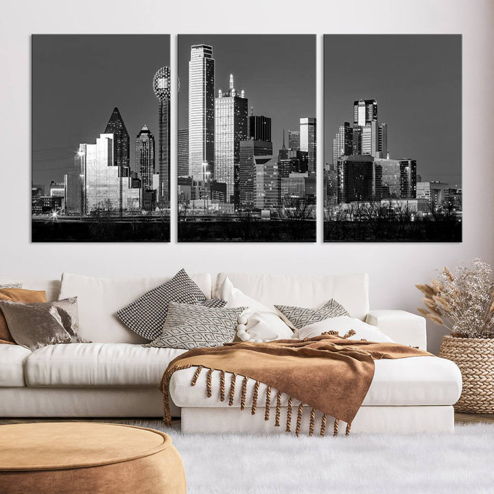 The Dallas City Skyline Black and White Wall Art Cityscape Canvas Print features a gallery-wrapped, museum-quality finish.