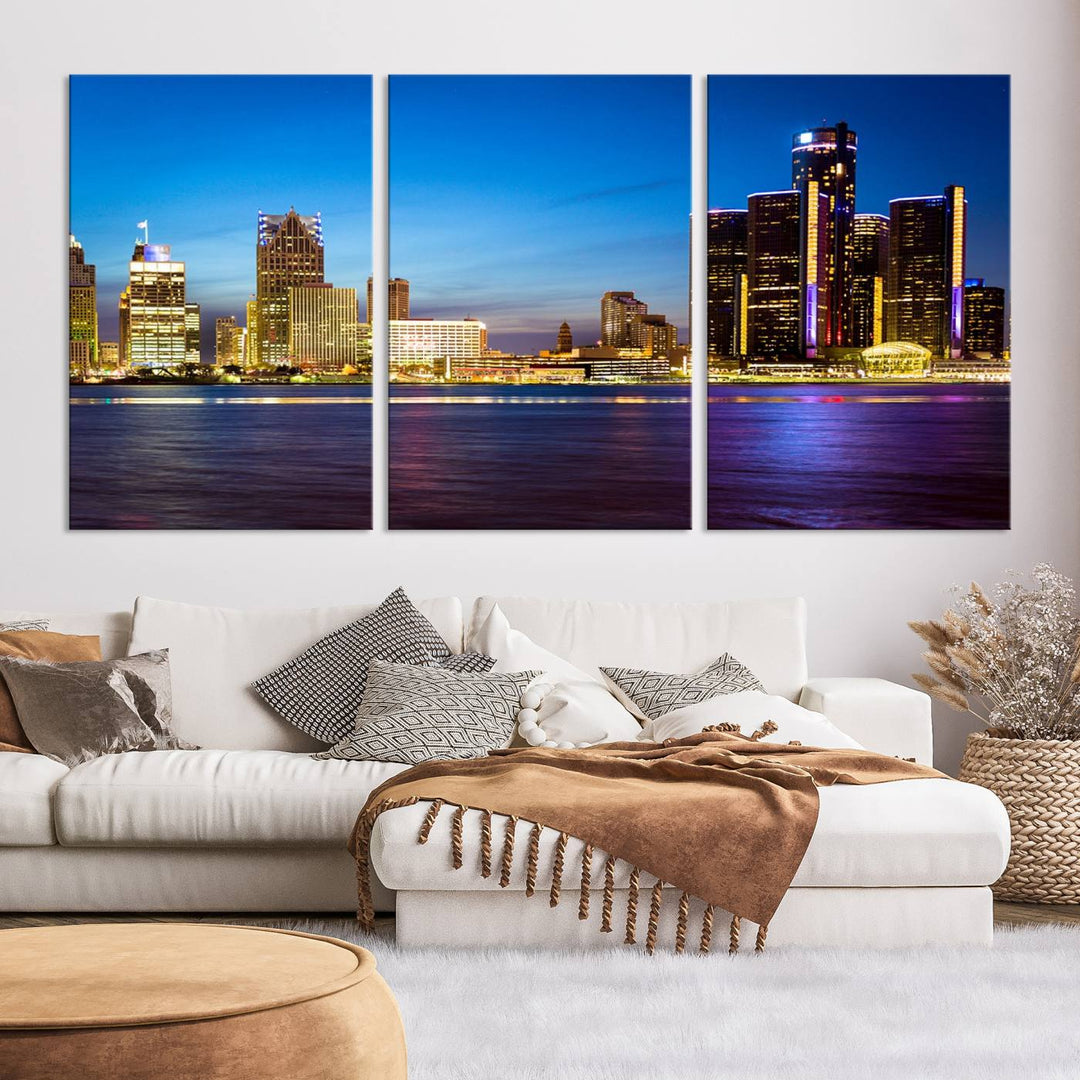 The living room features a breathtaking canvas print titled "Detroit City Lights Night Bright Blue Skyline Cityscape View," presented in a stunning triptych format on museum-quality canvases that are ready to hang.