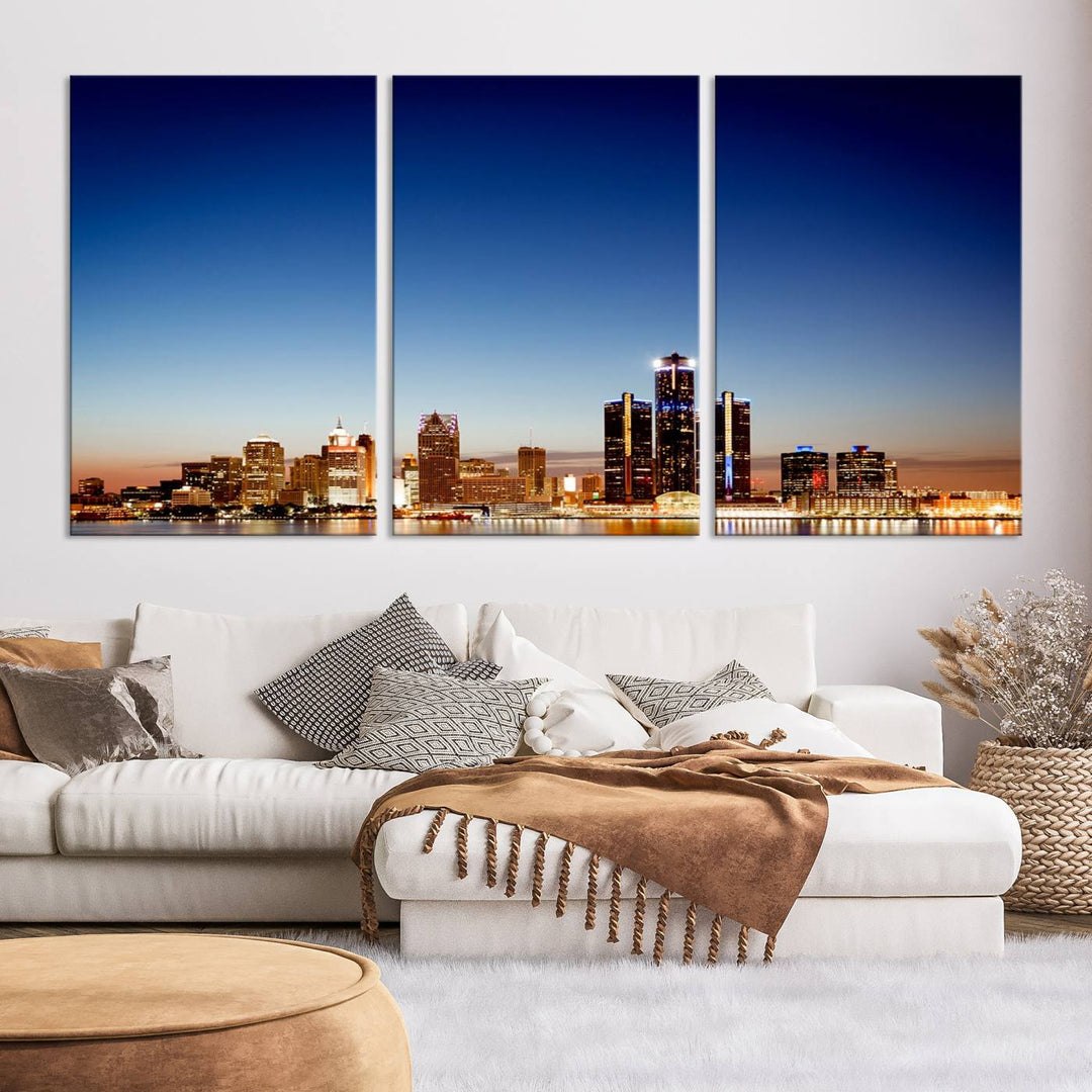 The Detroit City Lights Sunrise Skyline Cityscape View Wall Art Canvas Print adorns the modern living room. Crafted on museum-quality canvas with a UV-protective coating, this piece is ready to hang and elegantly elevates your décor.