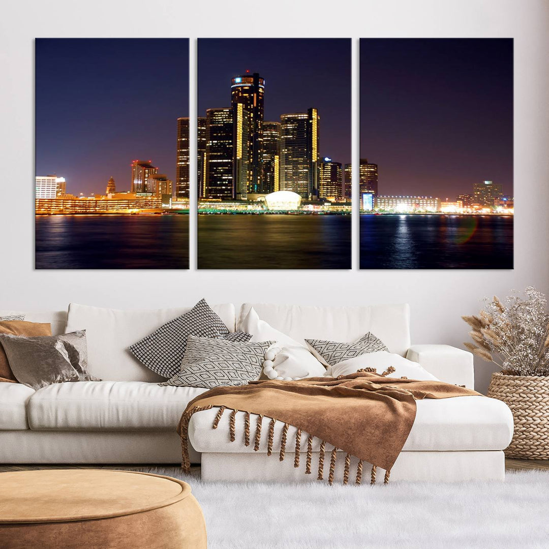 The Detroit City Lights Night Skyline Cityscape View Wall Art Canvas Print, elegantly split into three panels, is made from museum-quality pollycotton and gallery wrapped for a sophisticated touch. It is available with free shipping to effortlessly elevate your space.