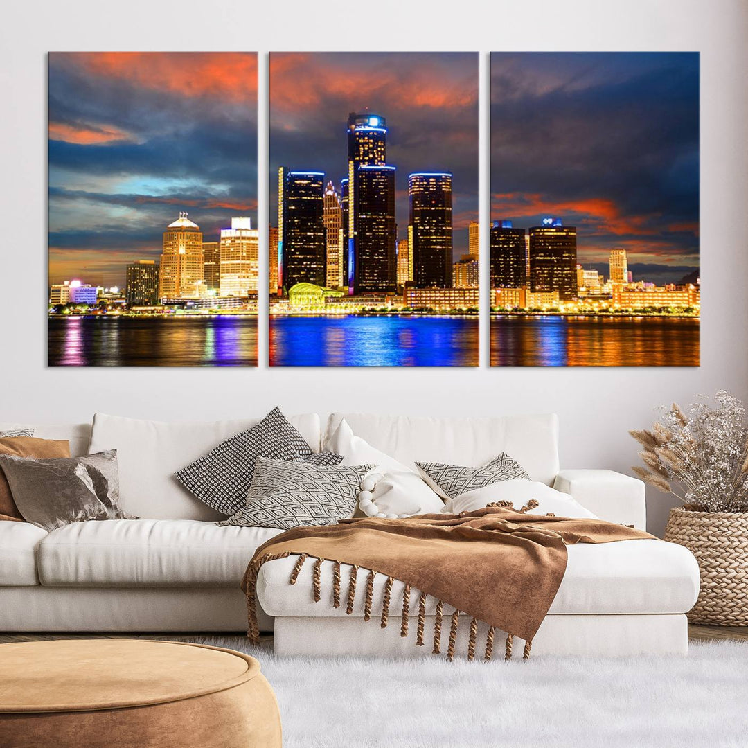 The living room showcases the "Detroit City Lights Sunset Orange Cloudy Skyline Cityscape View Wall Art Canvas Print," elegantly displayed on gallery-wrapped, museum-quality canvas.