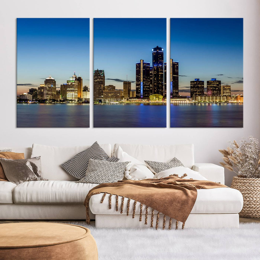 The "Detroit City Lights Sunrise Skyline Cityscape View Wall Art Canvas Print" on the wall is a triptych gallery-wrapped on museum-quality canvas, adding an elegant touch to the space.