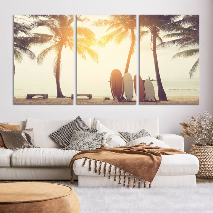 Surfboard and Palm Tree on Beach Double Exposure with Colorful Bokeh Sunset Light Wall Art Canvas