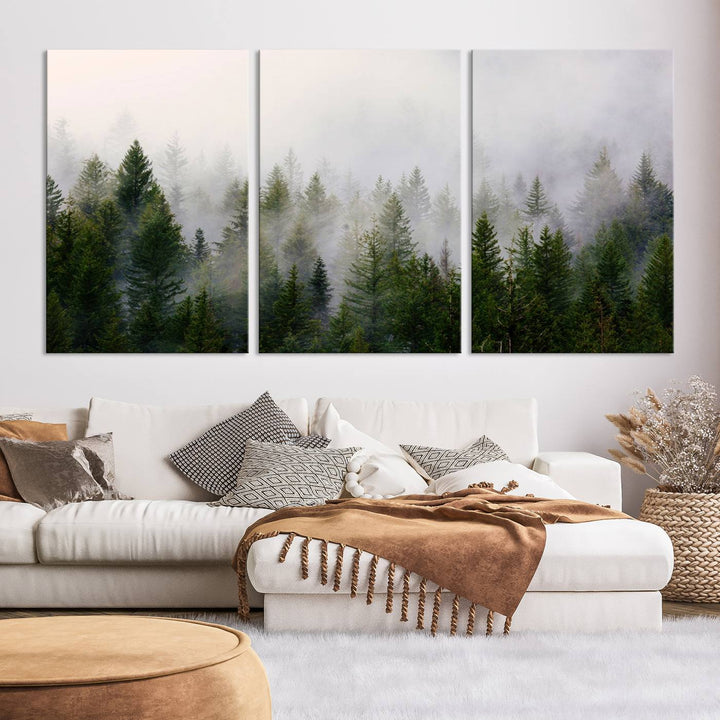 A 3-panel Misty Pine Forest Wall Art Canvas Print, featuring a green woodland scene, adorns the wall.