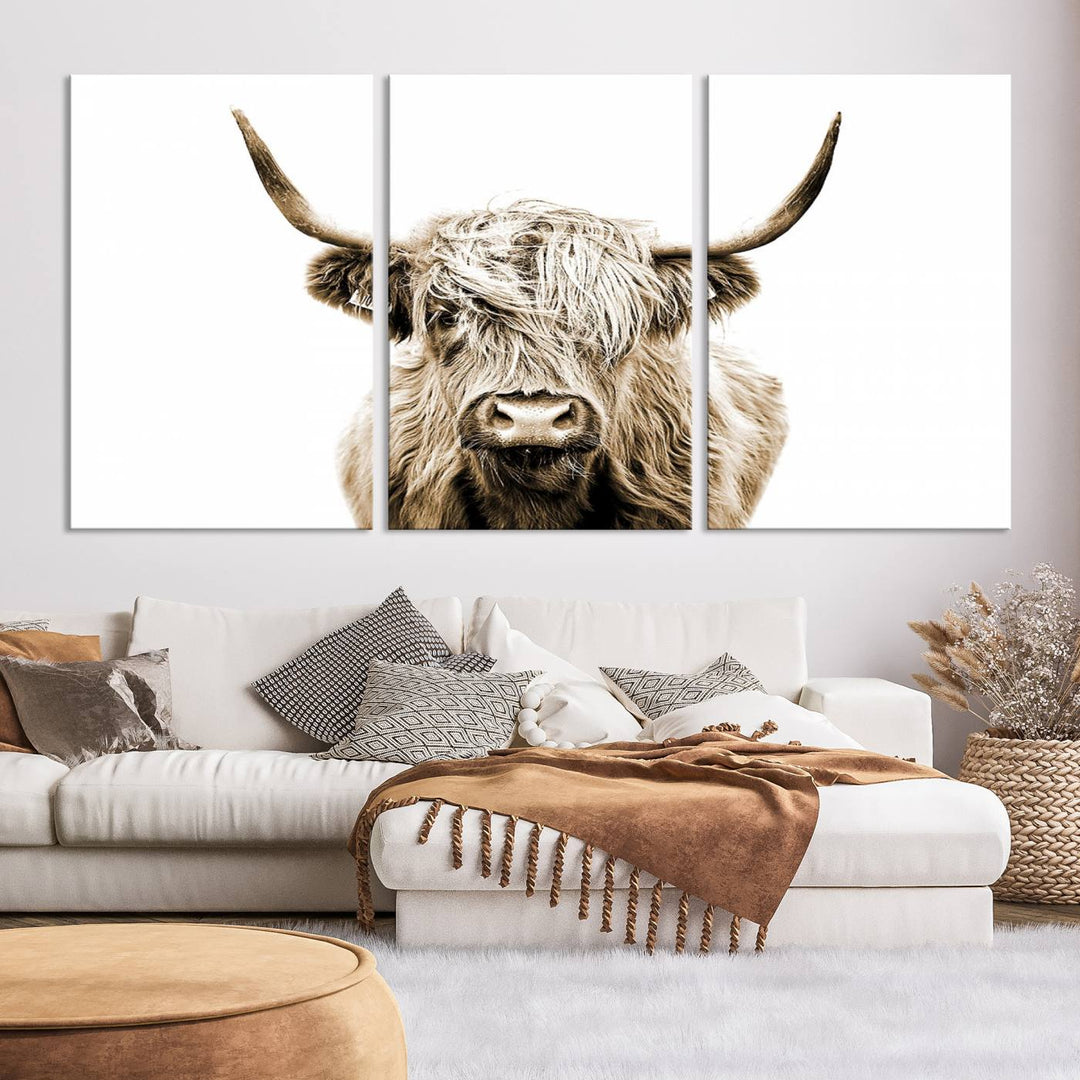 Lienzo de vaca de las Tierras Altas, arte de pared, decoración de granja, vaca, impresión en blanco y negro, decoración de pared rústica, pintura de animales, pared de vaca escocesa