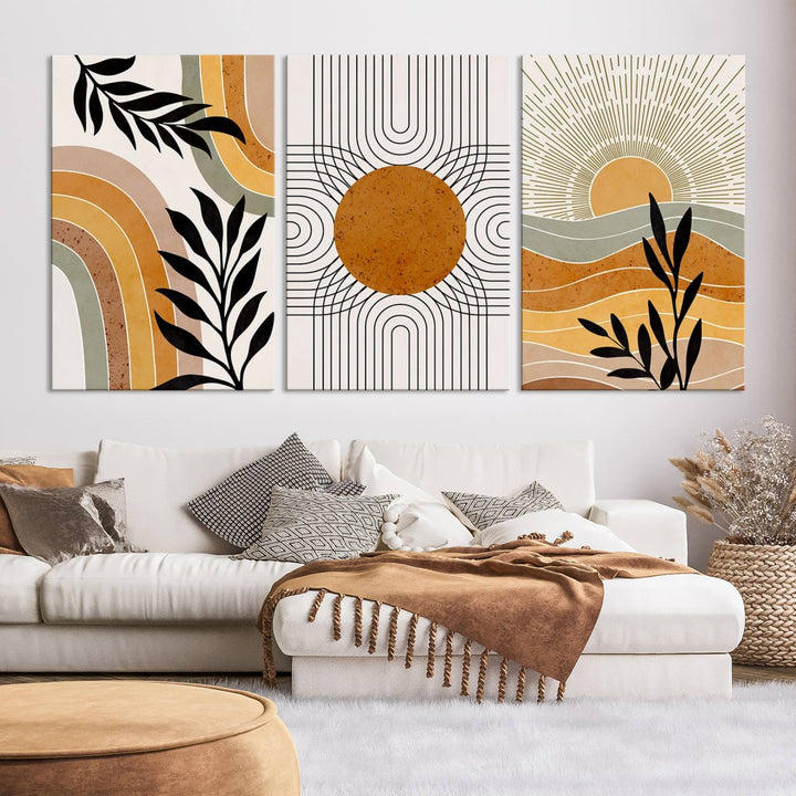 Modern Boho Sun and Leaf Abstract Art – 3-Panel Giclée Canvas for Mid-Century Modern or Bohemian Wall Decor