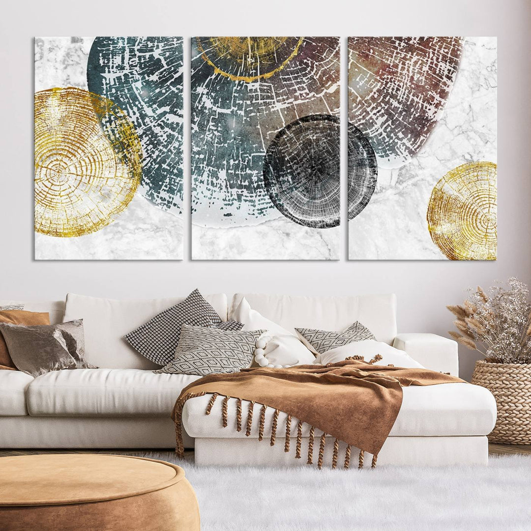 Contemporary living room showcasing the "Wood Lines" 3 Panel Abstract Wall Art Canvas Print displaying museum-quality tree ring art on the wall.