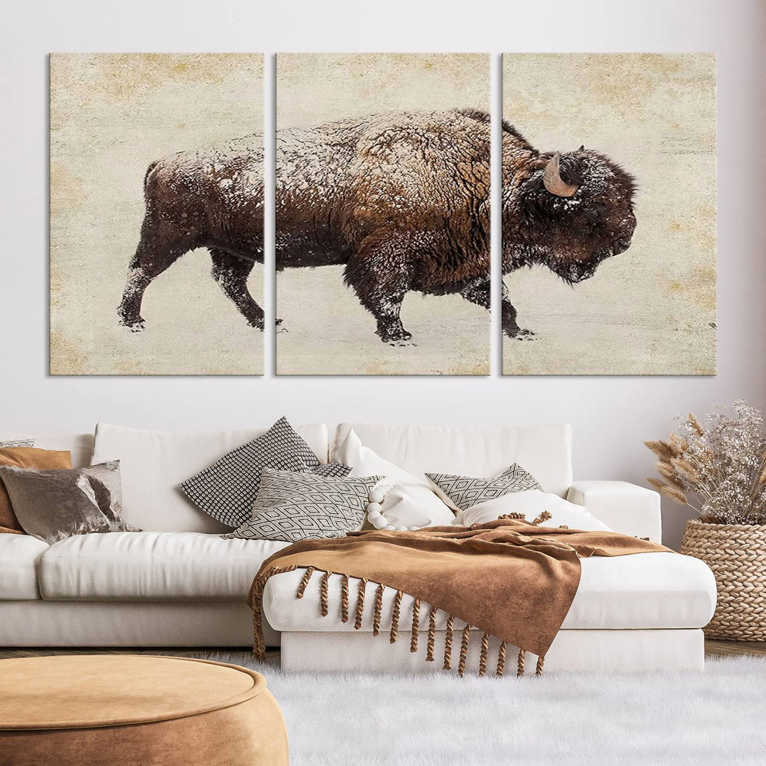 The "Buffalo Wall Art" canvas print, featuring a Western bison, hangs prominently, infusing the space with rustic cowboy and Western decor.