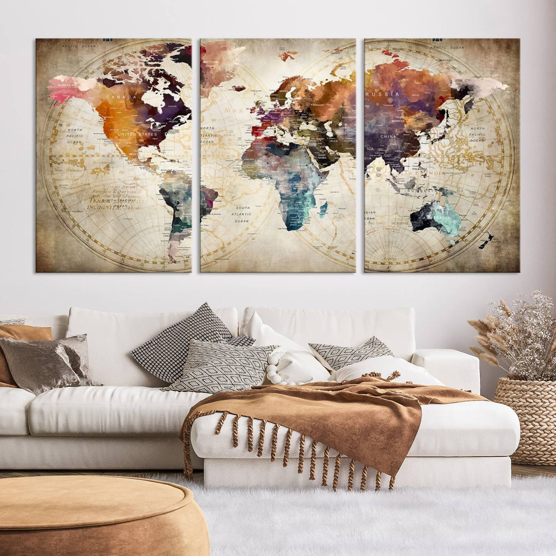 A World Map Wall Art Canvas Print featuring vibrant colors is crafted on museum-quality canvas, adding a touch of elegance to the room.