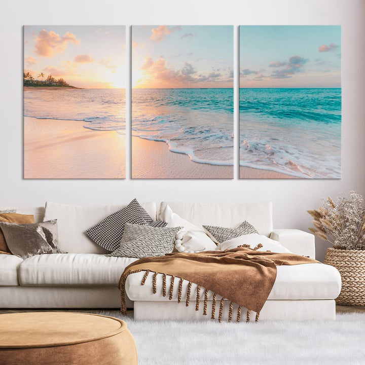 Beach Sunrise Wall Art, Coastal Seascape Canvas Print, Ocean Wave Multi-Panel Giclee, Coastal Sunset Beach Scene for Modern Decor