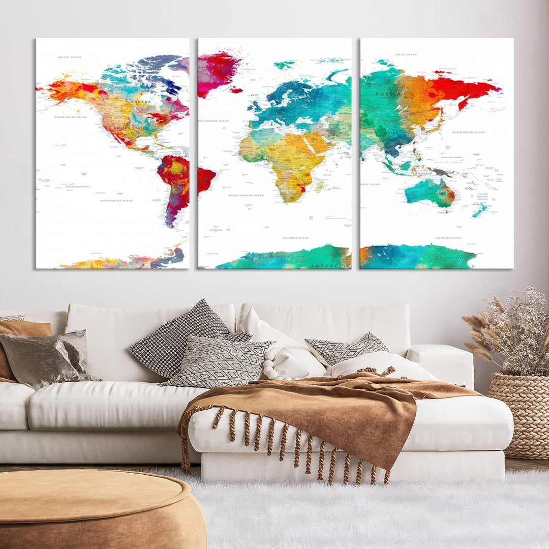 A stunning Colorful World Map Triptych Canvas Print, featuring a ready-to-hang framed design, adds vibrancy and modern flair to the space, effortlessly elevating the entire home décor.