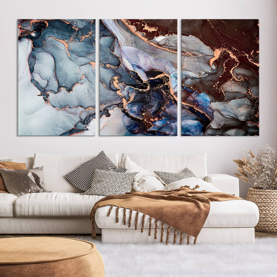 Brown Blue Abstract Marble Wall Art Canvas Print