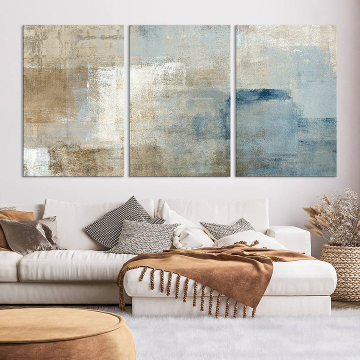 Abstract Blue and Beige Wall Art, Modern Minimalist Canvas Print Set, Giclee Textured Art, Large Multi-Panel Artwork for Living Room