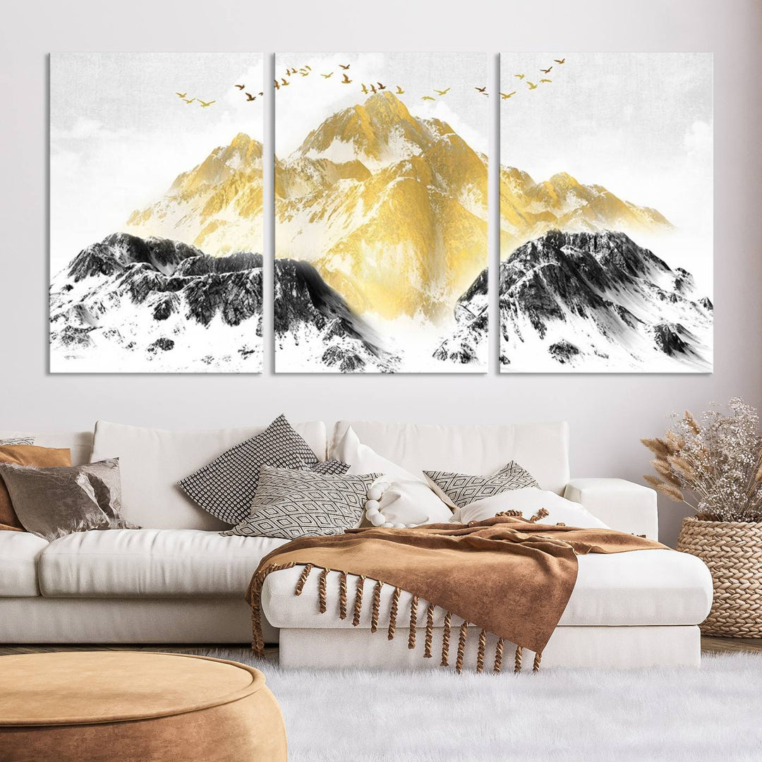 Golden Mountain Triptych Wall Art, Modern Giclee Canvas Print, Nature Landscape Decor for Living Room, Contemporary Gold and Black Wall Art