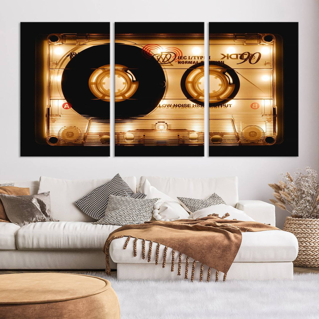 The Shining Audio Cassette Retro Music Wall Art Canvas Print, featuring a vintage cassette tape design and protected with a UV coating on museum-quality canvases, creates an impressive visual impact.