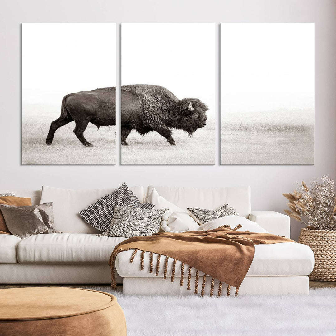 American Bison in Grasslands Triptych Canvas Wall Art – Western-Inspired Nature Decor for Home or Office