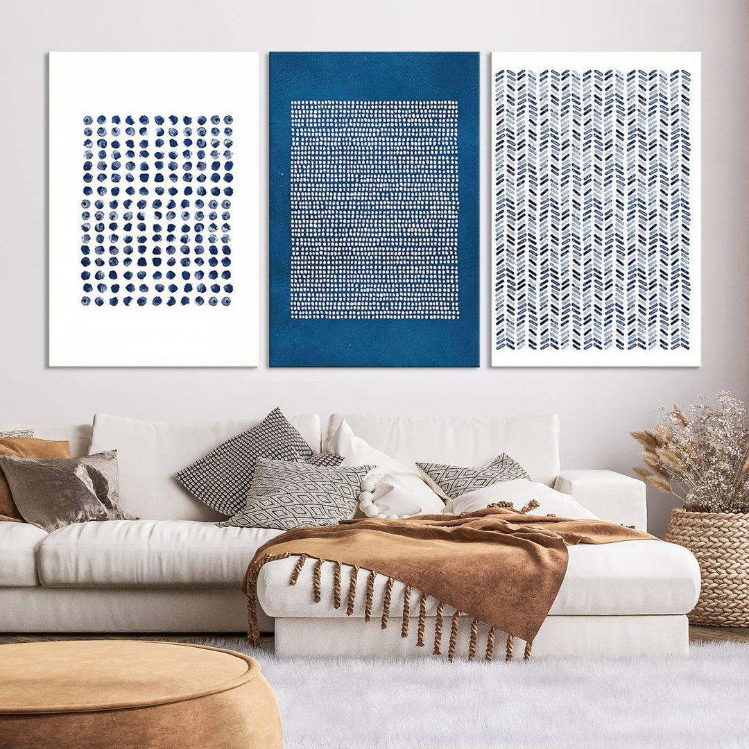 The modern living room is beautifully complemented by the "Canvas Print Wall Art Set Navy Blue White Geometric Dot Collage Abstract Illustr Art" on the wall. This art is printed on museum-quality canvas with a UV-protective coating for enhanced durability and vibrancy. Each piece is ready to hang, offering an effortless upgrade to your space.