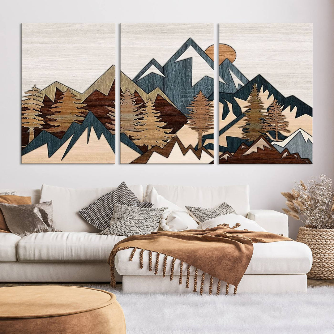 Woodland Mountain Landscape Triptych, Giclee Canvas Art for Modern Home, Rustic Wooden Nature Wall Art, Large Mountain and Tree Canvas for Living Room