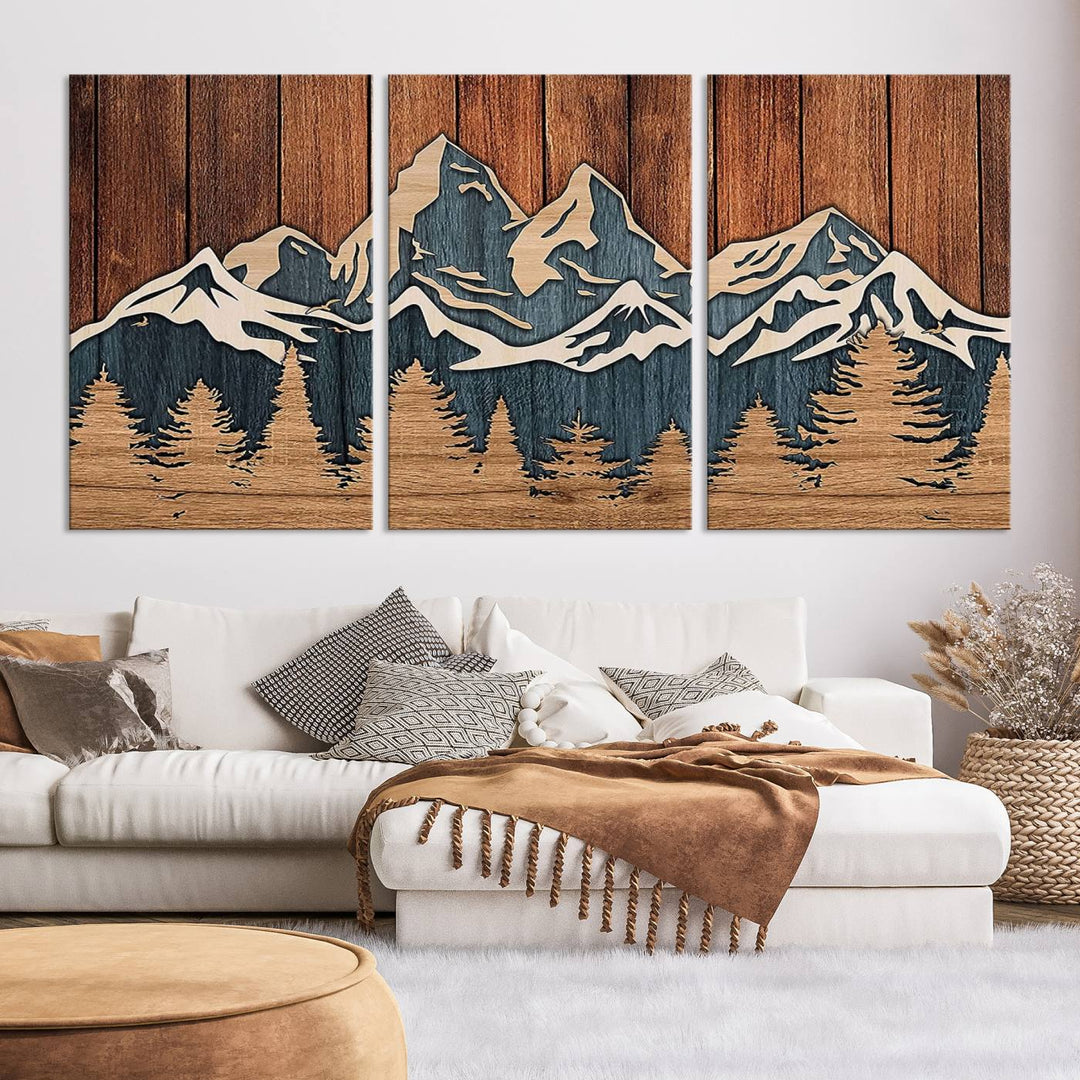 Rustic Wood Style Mountain Wall Art, Nature Forest Canvas Print, Wooden Textured Mountain Artwork, Handcrafted Landscape Decor for Farmhouse Decor