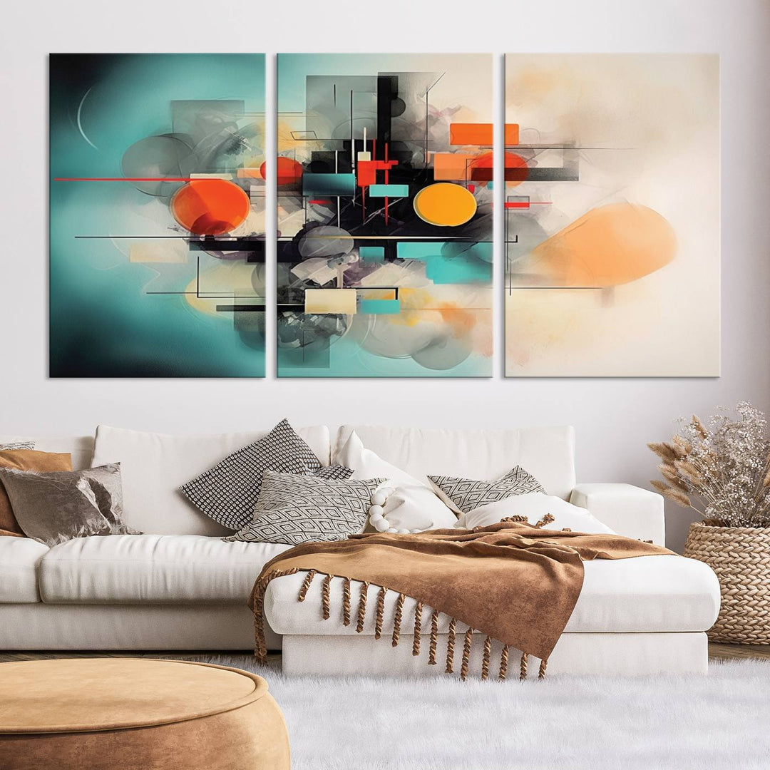 Modern living room featuring a Geometric Colorful Abstract Wall Art Canvas Print.