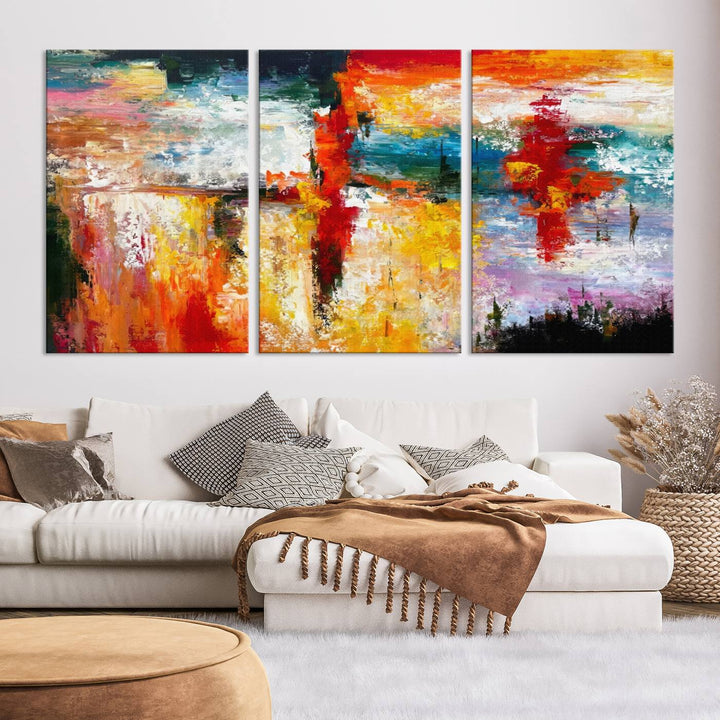 A Colorful Abstract Wall Art Canvas Print graces the wall, making this ready-to-hang masterpiece, complete with UV-protective coating, perfect for elevating any space with its vibrant allure.