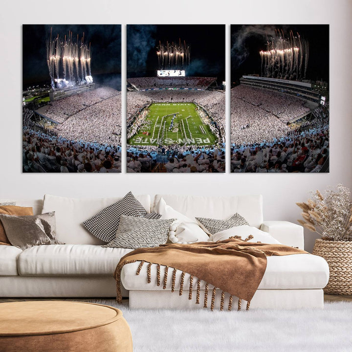 The Penn Stadium Football Wall Art Canvas Print showcases the lively ambiance of a bustling Pennsylvania University football stadium illuminated by fireworks.