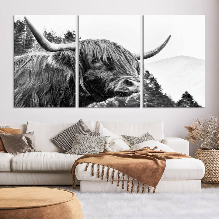 The Scottish Longhorn Wall Art Canvas Print features a highland cow with long horns and shaggy hair displayed on a museum-quality canvas. Equipped with a UV-protective coating for durability, it's ready to hang and enjoy for years to come.