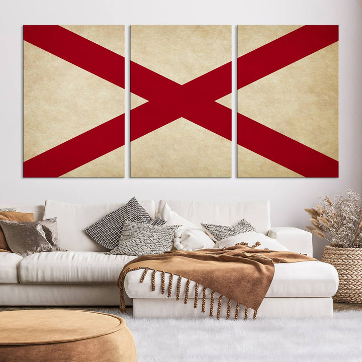 The USA Alabama States Flag Wall Art, featuring a red diagonal cross on a cream background, is elegantly displayed on museum-quality canvas with a UV-protective coating.