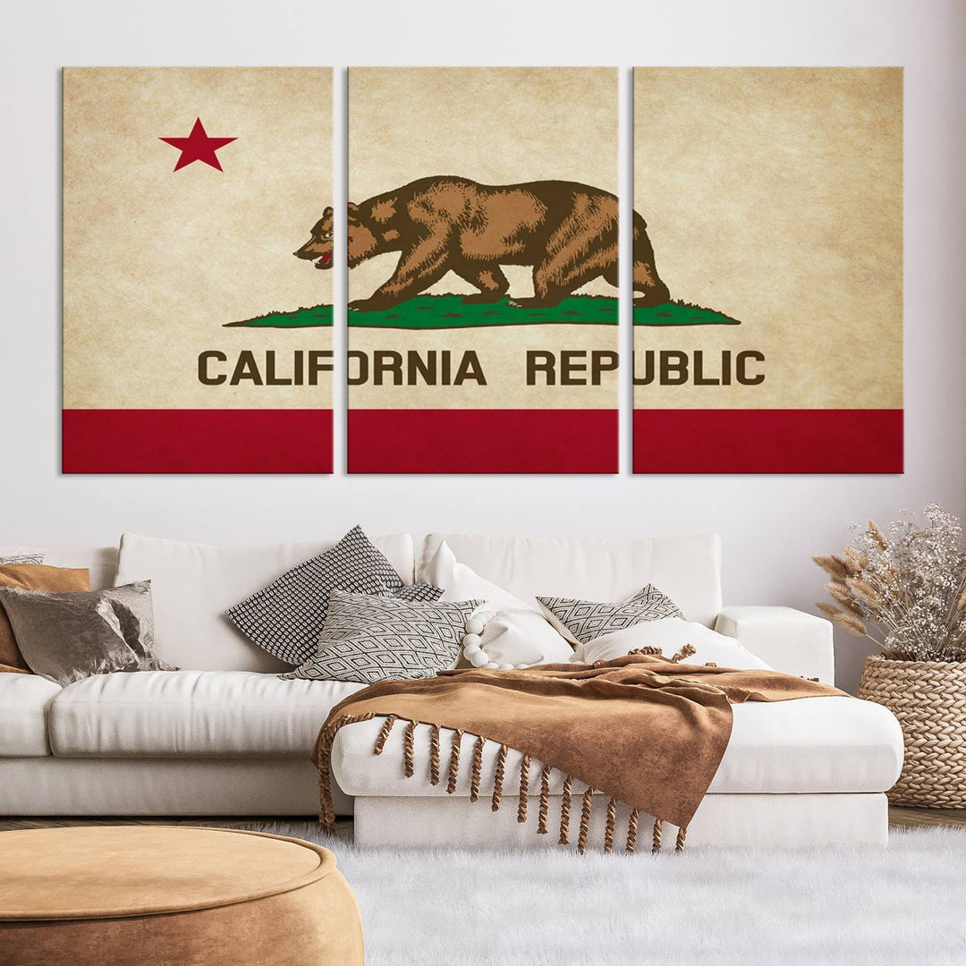 The Calinia States Flag Wall Art Canvas Print, featuring a bear and star design reminiscent of the California Republic flag, is crafted on museum-quality polycotton canvas with a UV-protective coating and is proudly made in the USA.