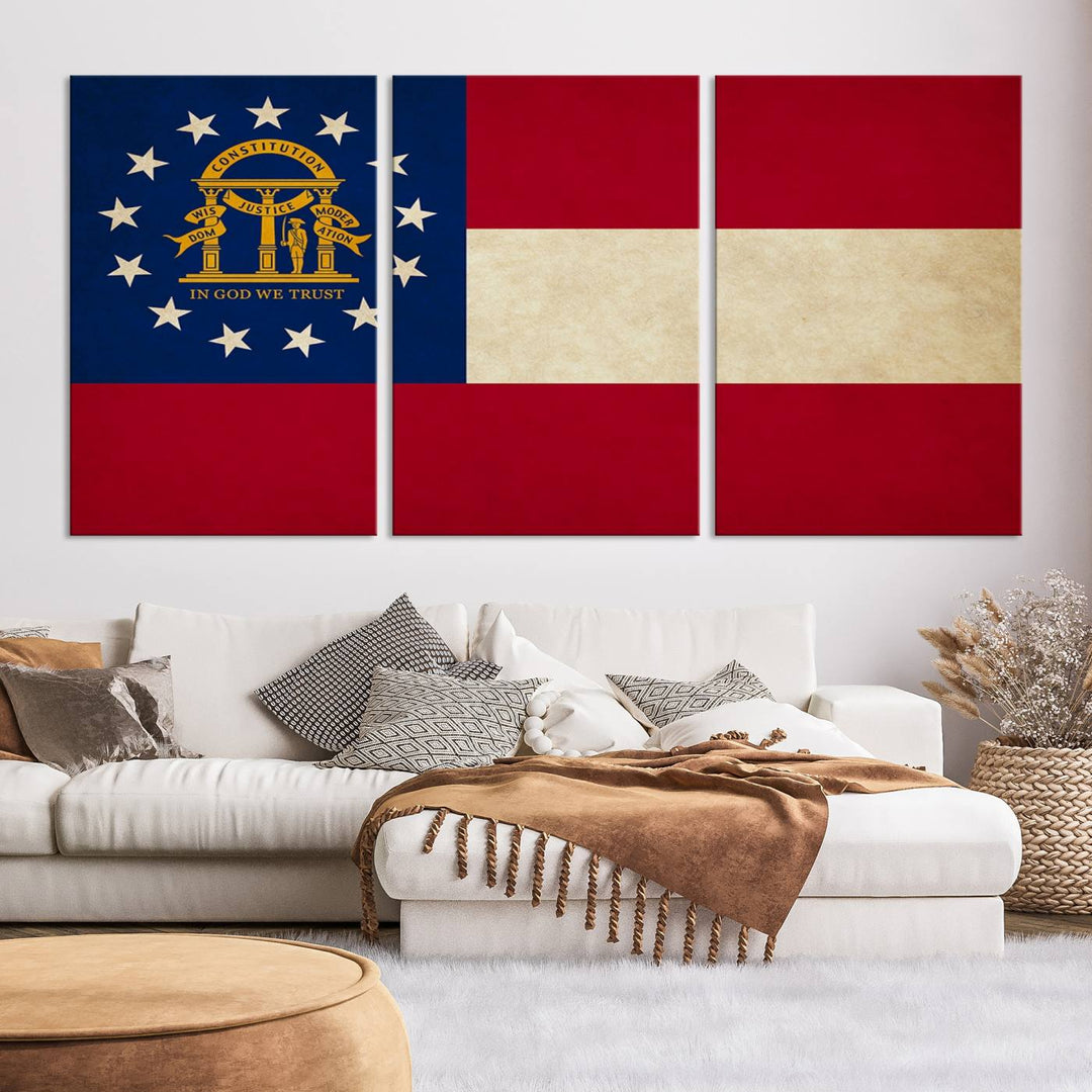 The Georgia States Flag Wall Art Canvas Print, coated with UV protection to preserve its vibrant colors, hangs on the wall.