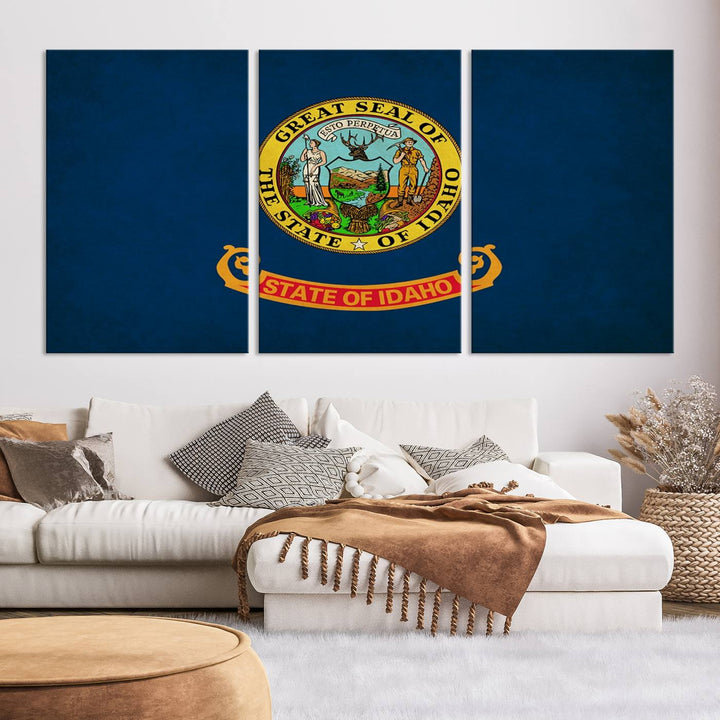 The Idaho USA States Flag Wall Art Canvas Print, featuring a UV-protective coating for lasting vibrancy, is ready to hang.