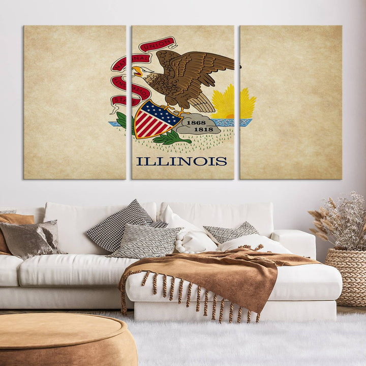 The Illinois State Flag Wall Art Canvas Print, crafted on museum-quality canvas with a UV-protective coating, is displayed prominently.